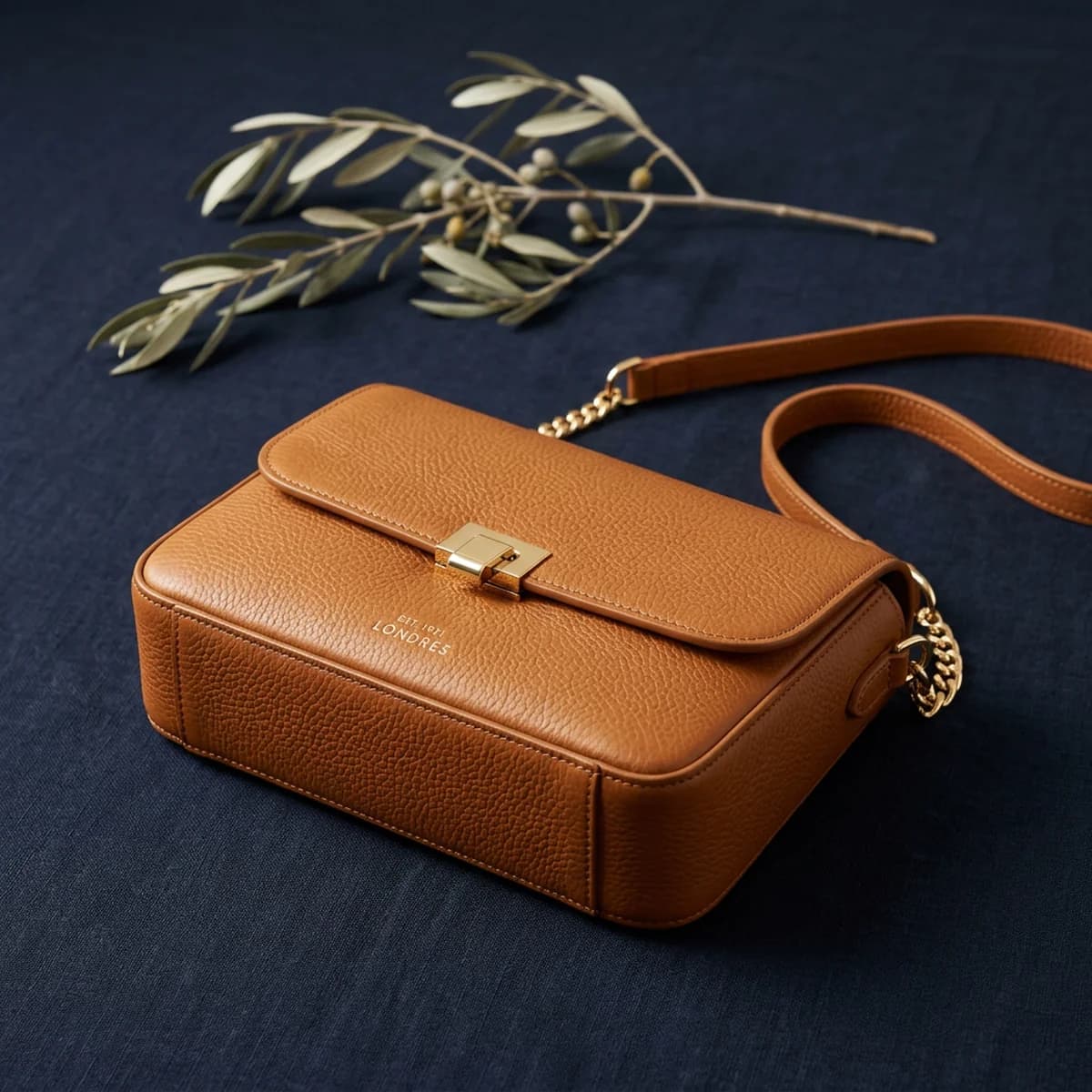 Editorial photograph of the same brown leather bag, worn, in outdoor light.