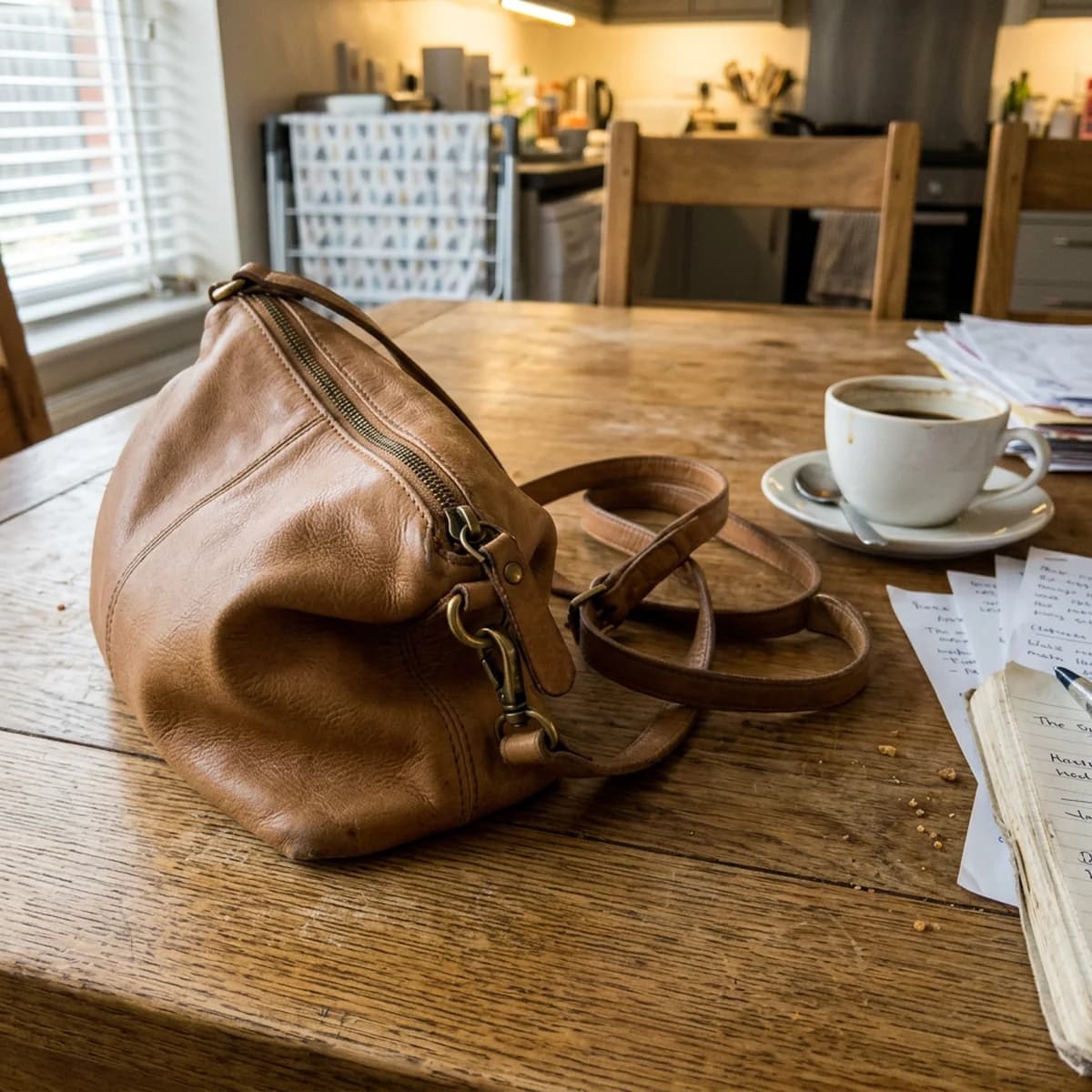 Phone photo of a black coat on the back of a wooden chair, in a room.